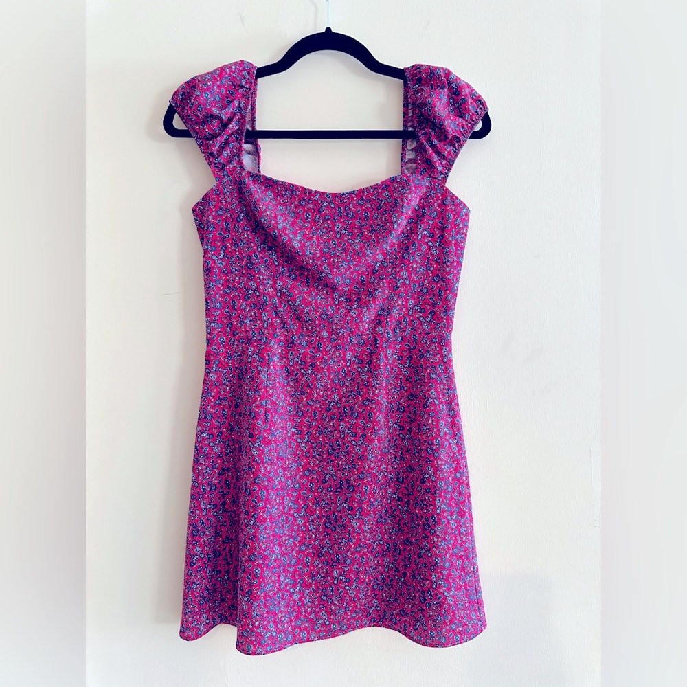 French Connection - Hot Pink & Blue Floral Cap Sleeve Mini Dress